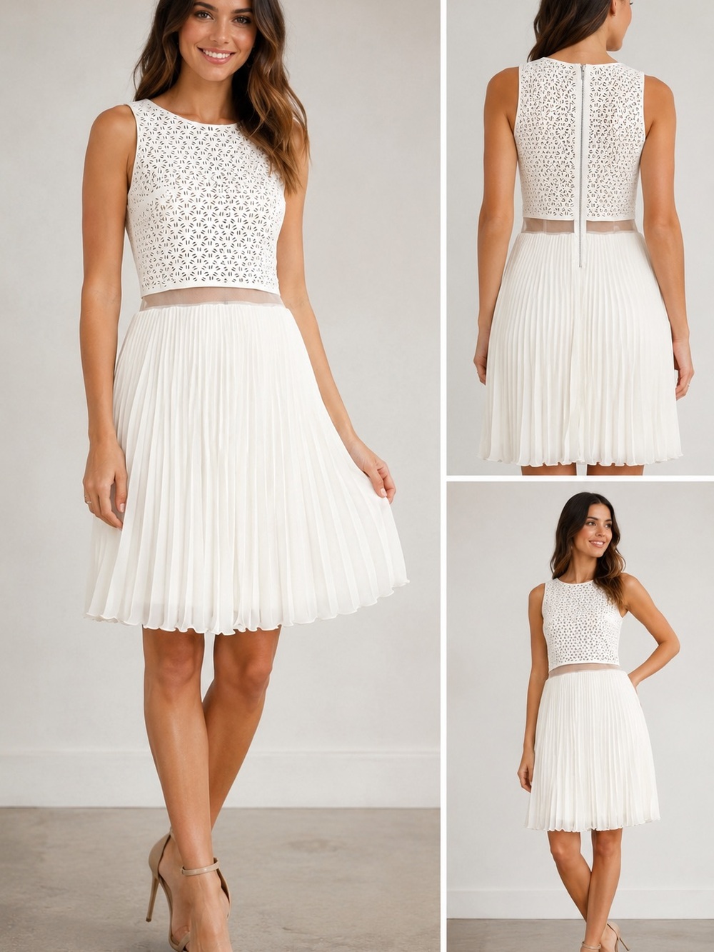 Bailey 44 Ivory Laser Cut Pleated Midi Dress Size Medium Made in USA
